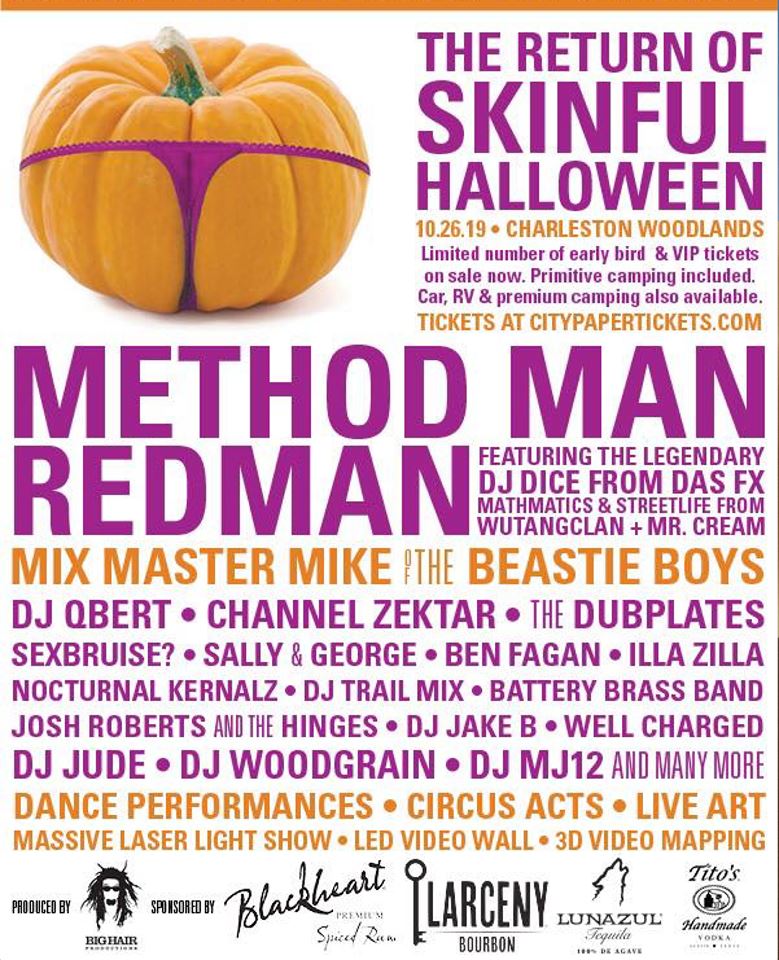 This is the poster for the 2019 Skinful Halloween Costume Party taking place at Charleston Woodlands. It's a pumpkin wearing a thong with a list of all the artists set to perform.