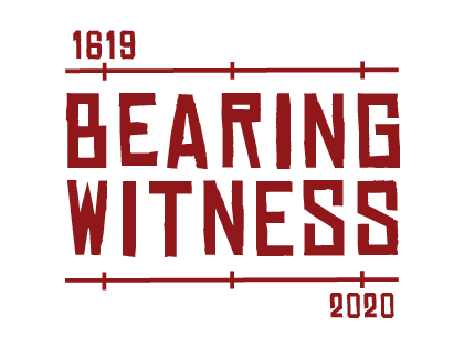This is a white and garnet logo for the Bearing Witness series at PURE Theatre on a white background with lettering and numbers.