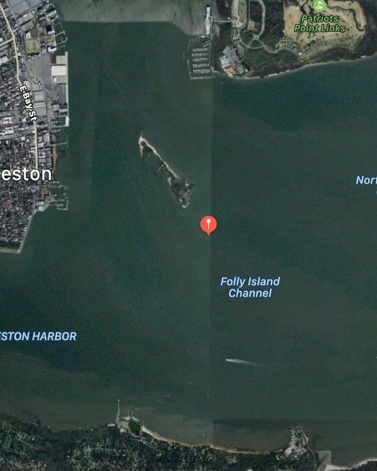 This is an aerial photo of Charleston Harbor showing the location of the Charleston on the Water July 4th concert.