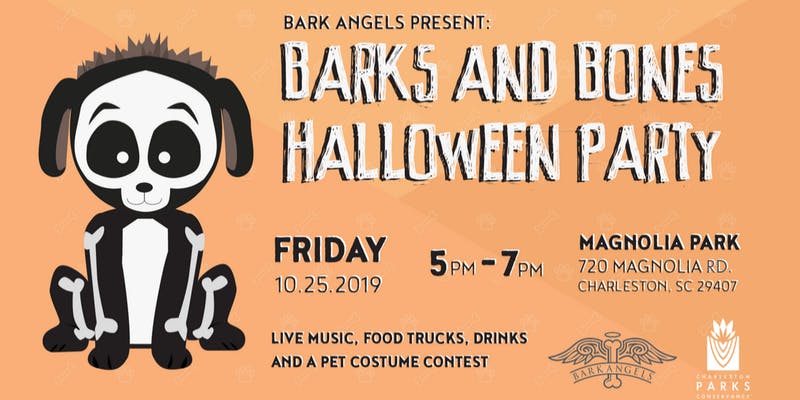 This is a poster advertising Barks and Bones Halloween Party for pets at Magnolia Park. There's a picture of animated dog wearing a skeleton outfit.