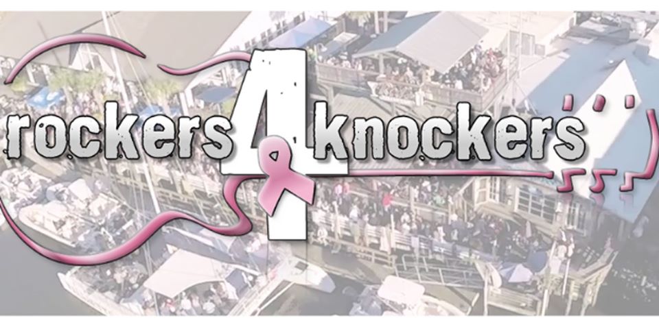 This is a picture advertising Rockers 4 Knockers, a breast cancer charity event at Red's Ice House.