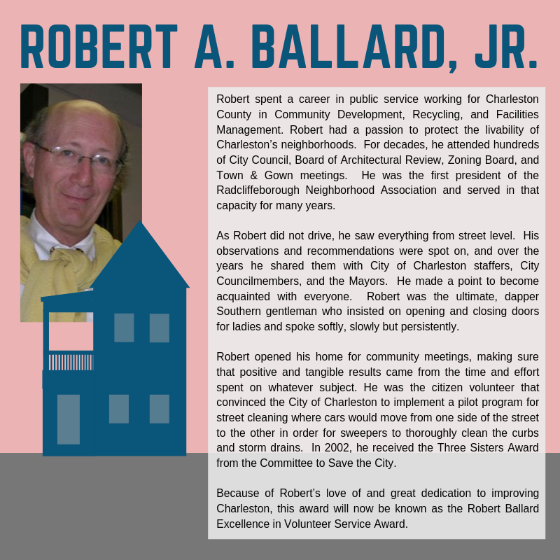 This is a picture of Robert Ballard, the gentleman for whom the City of Charleston, South Carolina named their Volunteer Service Award after. Nominations are sought until the end of October.